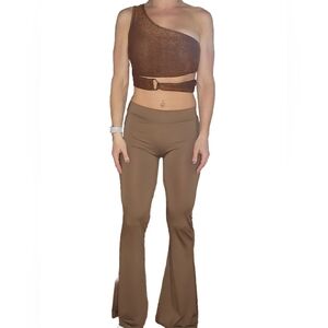 NWR Disco Sparkly One Shoulder Top Brown & Tan Flare Pants Size S